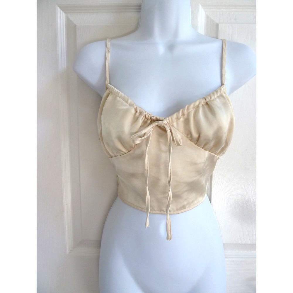 FOREVER 21 Small Champagne Satin Babydoll Camisole Smocked Coquette Milkmaid Top